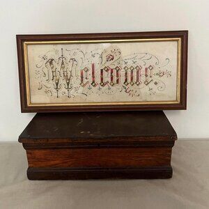 Antique Paper Punch Embroidery Victorian Motto Welcome Framed
